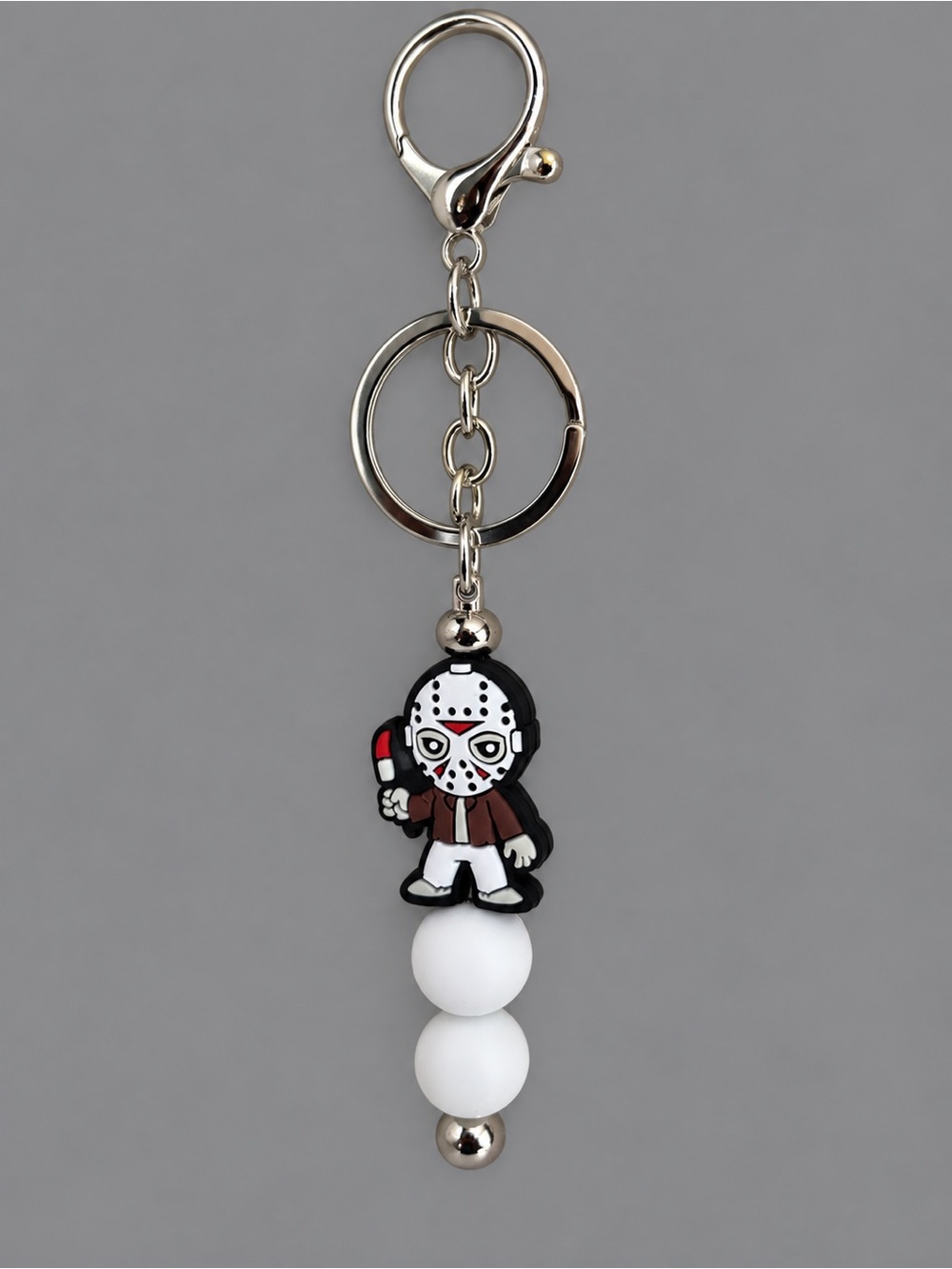 Friday the 13th theme , Silver Keychain with White Beads and Character Charm